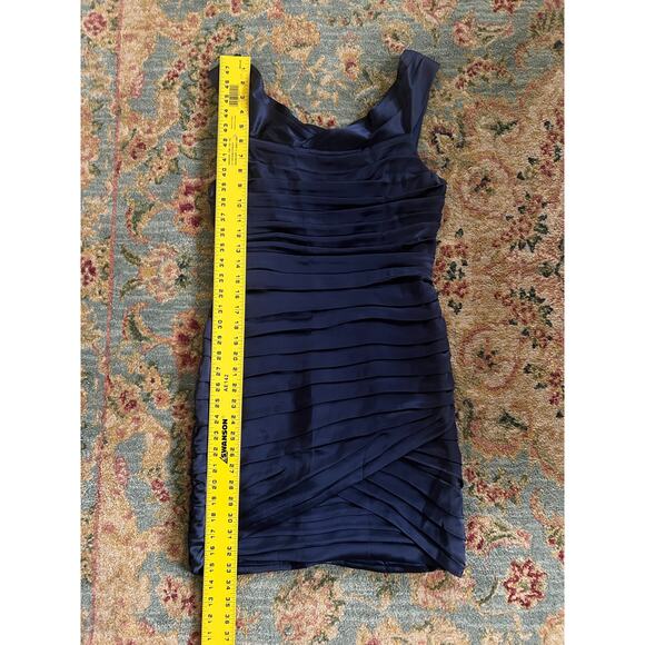 Alice + Olivia Silky Voloshin Aliska Navy Blue Ruched Satin Sheath Dress - Picture 12 of 15